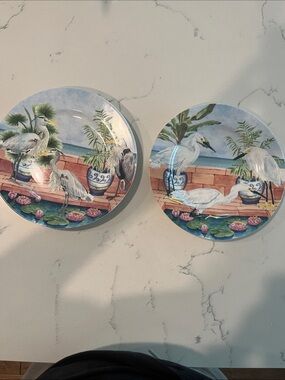 American Atelier Marsh Birds. Decorative Plate Pair with Blue and Green Accents